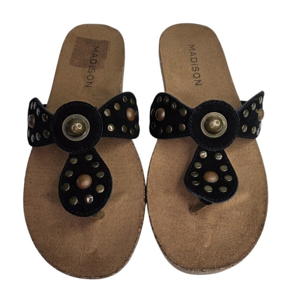 Madison Sandals Size 10M Black Studded Boho Slip On Thong Sandals